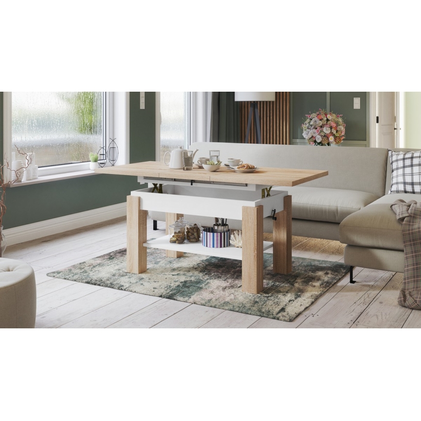 Sofabord foldbart med en hylde ADONIS eg sonoma/hvid