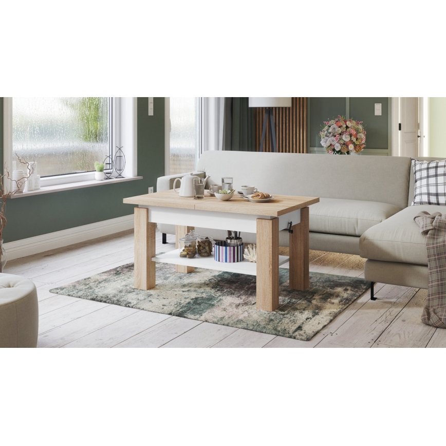 Sofabord foldbart med en hylde ADONIS eg sonoma/hvid