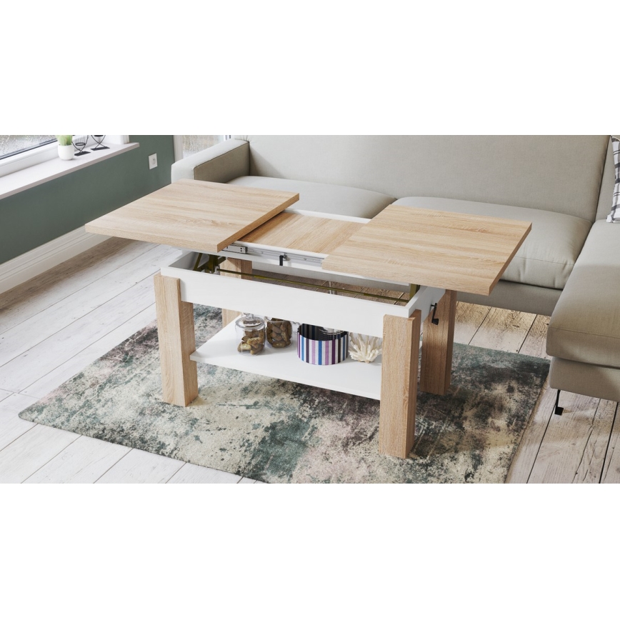 Sofabord foldbart med en hylde ADONIS eg sonoma/hvid
