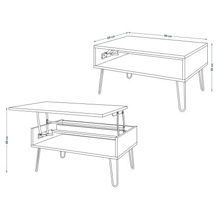 Sofabord med løftbar bordplade og hylde HALIJA betongrå/sort