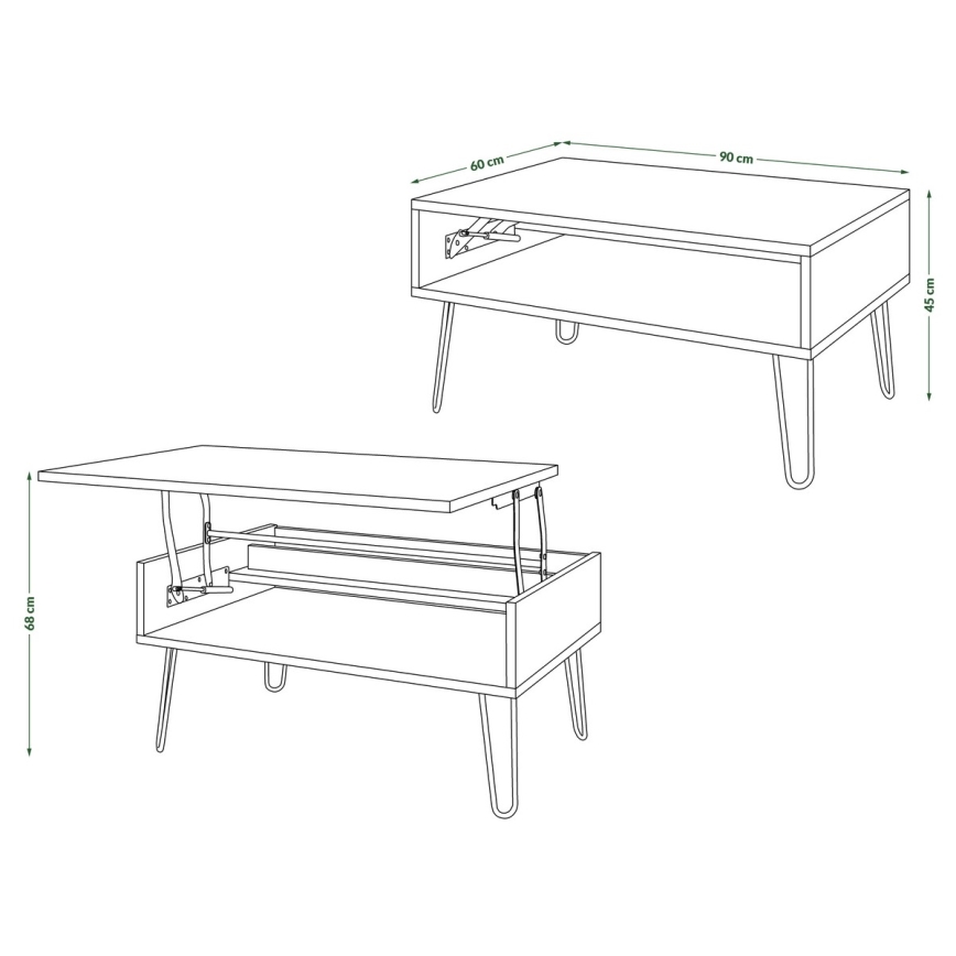 Sofabord med løftbar bordplade og hylde HALIJA betongrå/sort