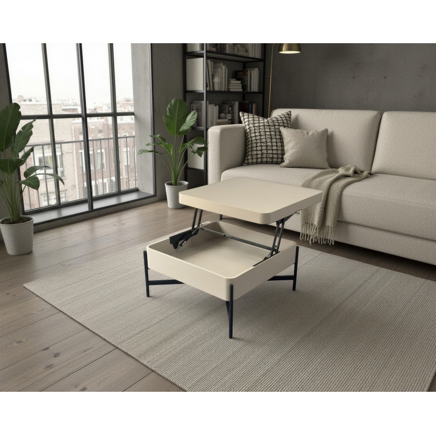 Sofabord med løftbar bordplade og hylde OASIS 75x75 cm creme/sort