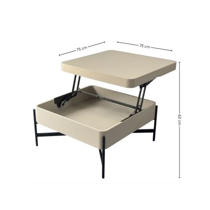 Sofabord med løftbar bordplade og hylde OASIS 75x75 cm creme/sort