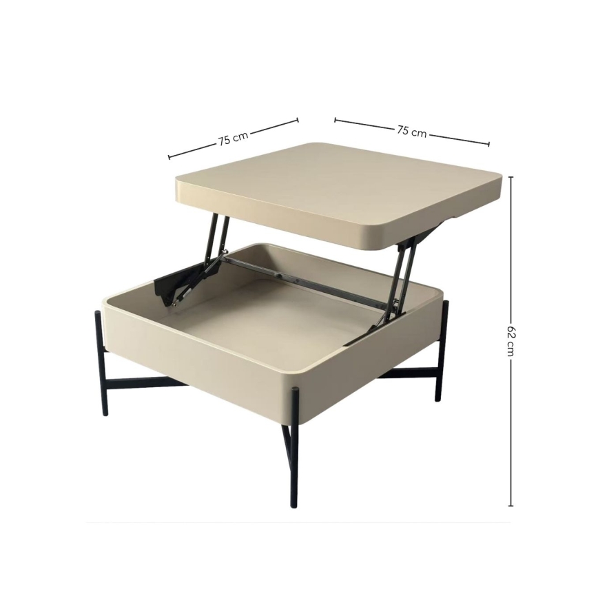 Sofabord med løftbar bordplade og hylde OASIS 75x75 cm creme/sort