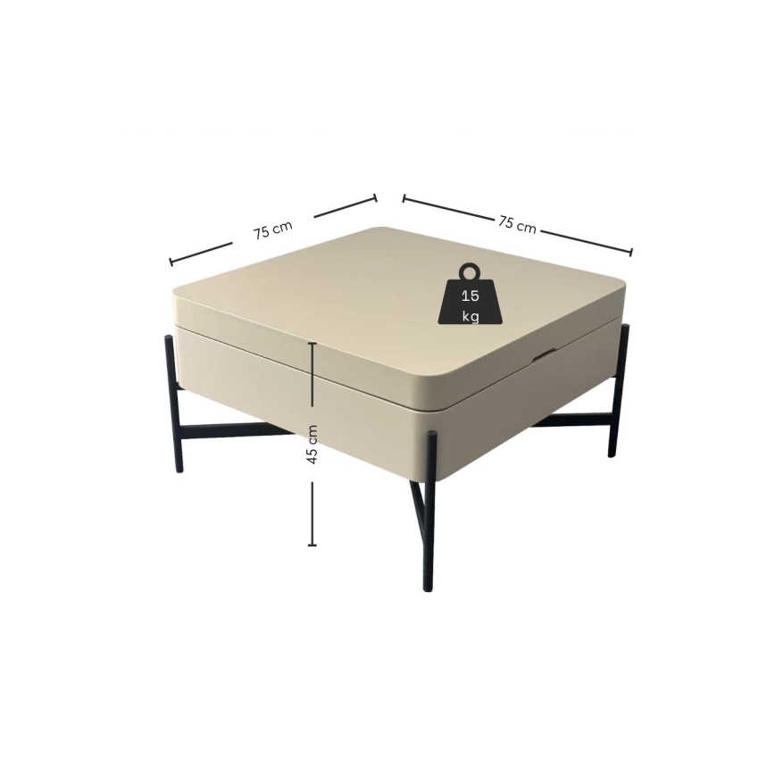 Sofabord med løftbar bordplade og hylde OASIS 75x75 cm creme/sort