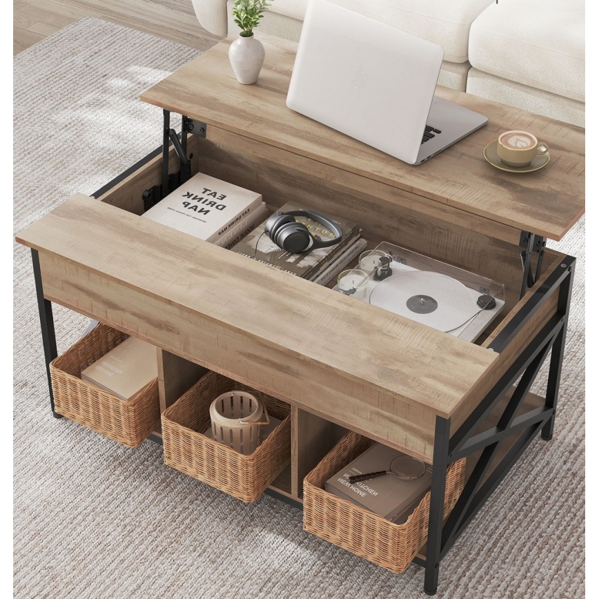 Sofabord NYRO med løftbar bordplade, brun/sort – praktisk og stilrent design, ideelt til arbejde og servering i sofaen.