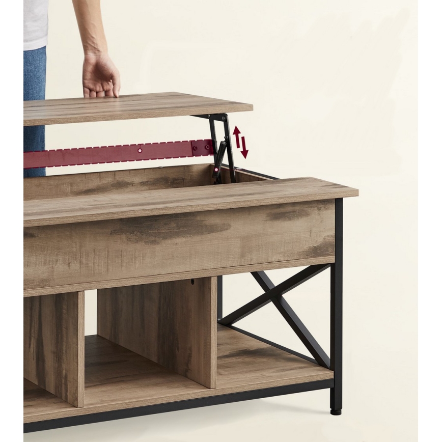 Sofabord NYRO med løftbar bordplade, brun/sort – praktisk og stilrent design, ideelt til arbejde og servering i sofaen.