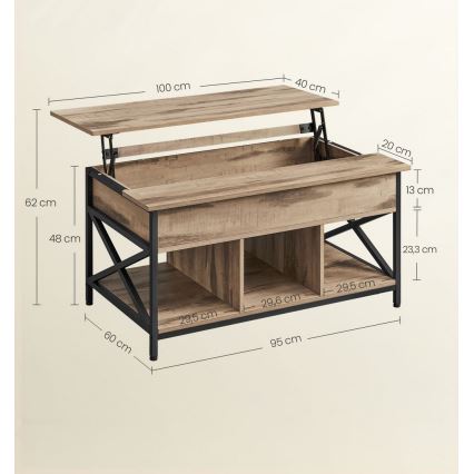 Sofabord NYRO med løftbar bordplade, brun/sort – praktisk og stilrent design, ideelt til arbejde og servering i sofaen.