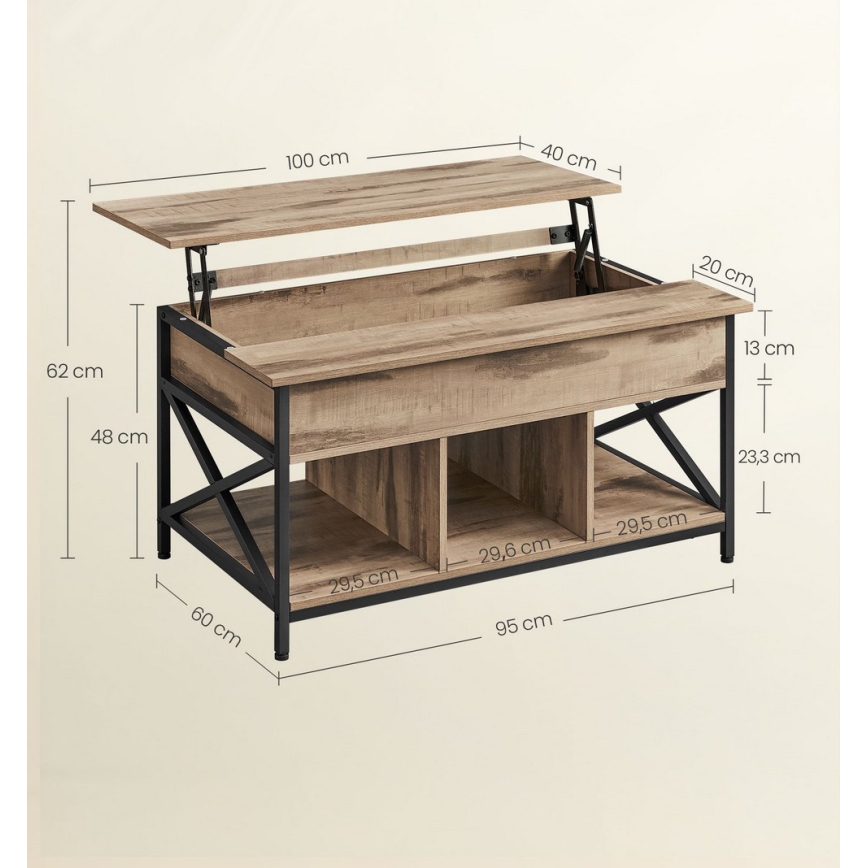 Sofabord NYRO med løftbar bordplade, brun/sort – praktisk og stilrent design, ideelt til arbejde og servering i sofaen.