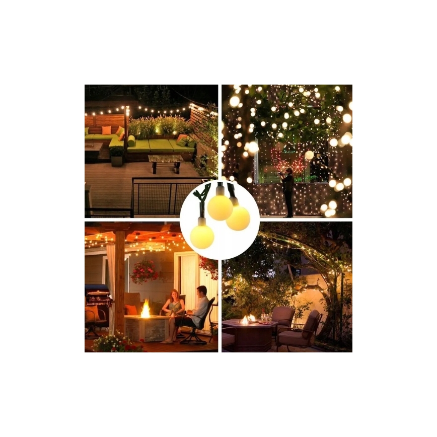 Solcelledrevet LED-dekorationskæde, 30 x LED, 8 funktioner, 500 mAh, 6,5 m, IP67, varm hvid