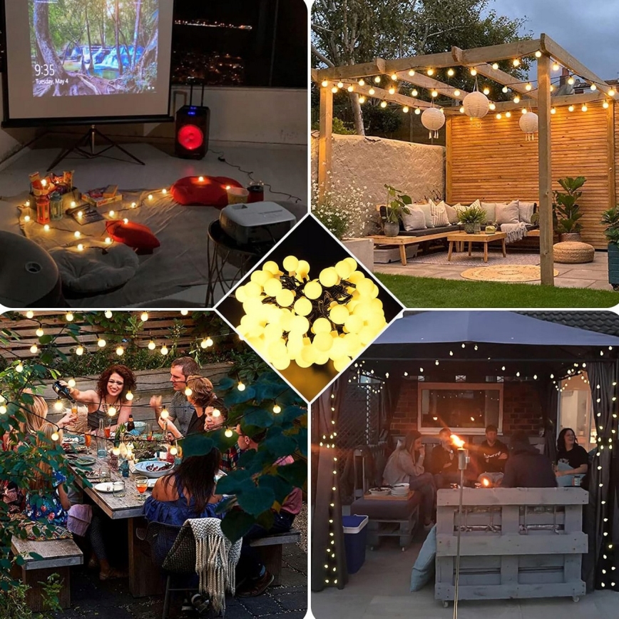 Solcelledrevet LED-dekorationskæde, 30 x LED, 8 funktioner, 500 mAh, 6,5 m, IP67, varm hvid