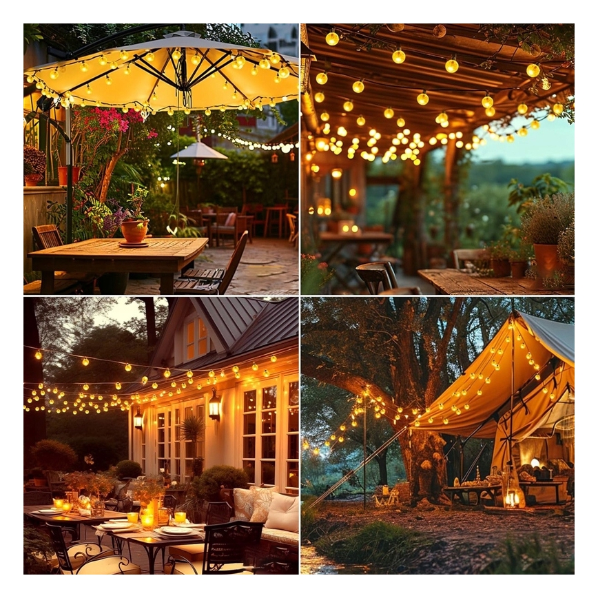 Solcelledrevet LED-dekorationskæde 50 LED / 8 funktioner 500 mAh 9,5 m IP67 varm hvid