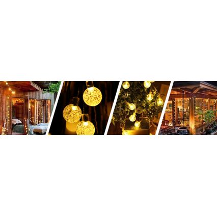 Solcelledrevet LED-dekorationskæde 50 LED / 8 funktioner 500 mAh 9,5 m IP67 varm hvid