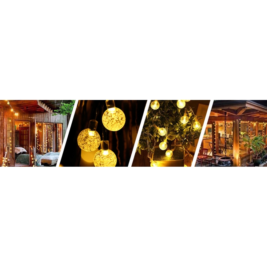 Solcelledrevet LED-dekorationskæde 50 LED / 8 funktioner 500 mAh 9,5 m IP67 varm hvid