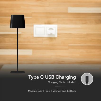 Soldrevet LED bordlampe m. touch-funktion dæmpbar og genopladelig LED/5W/5V 3000-6000K 3600 mAh IP65 sort