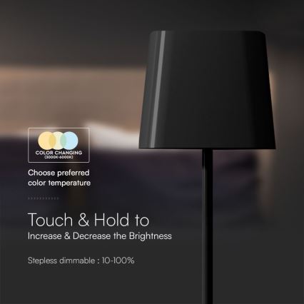 Soldrevet LED bordlampe m. touch-funktion dæmpbar og genopladelig LED/5W/5V 3000-6000K 3600 mAh IP65 sort