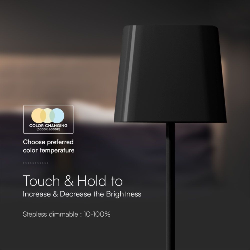 Soldrevet LED bordlampe m. touch-funktion dæmpbar og genopladelig LED/5W/5V 3000-6000K 3600 mAh IP65 sort