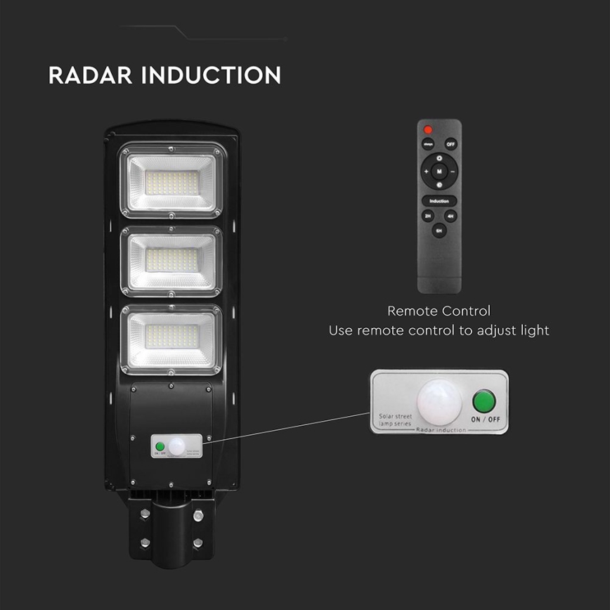 Soldrevet LED gadelampe m. bevægelses- og skumringssensor dæmpbar LED/12W/3,2V 6000K IP65 10000 mAh sort + fjernbetjening