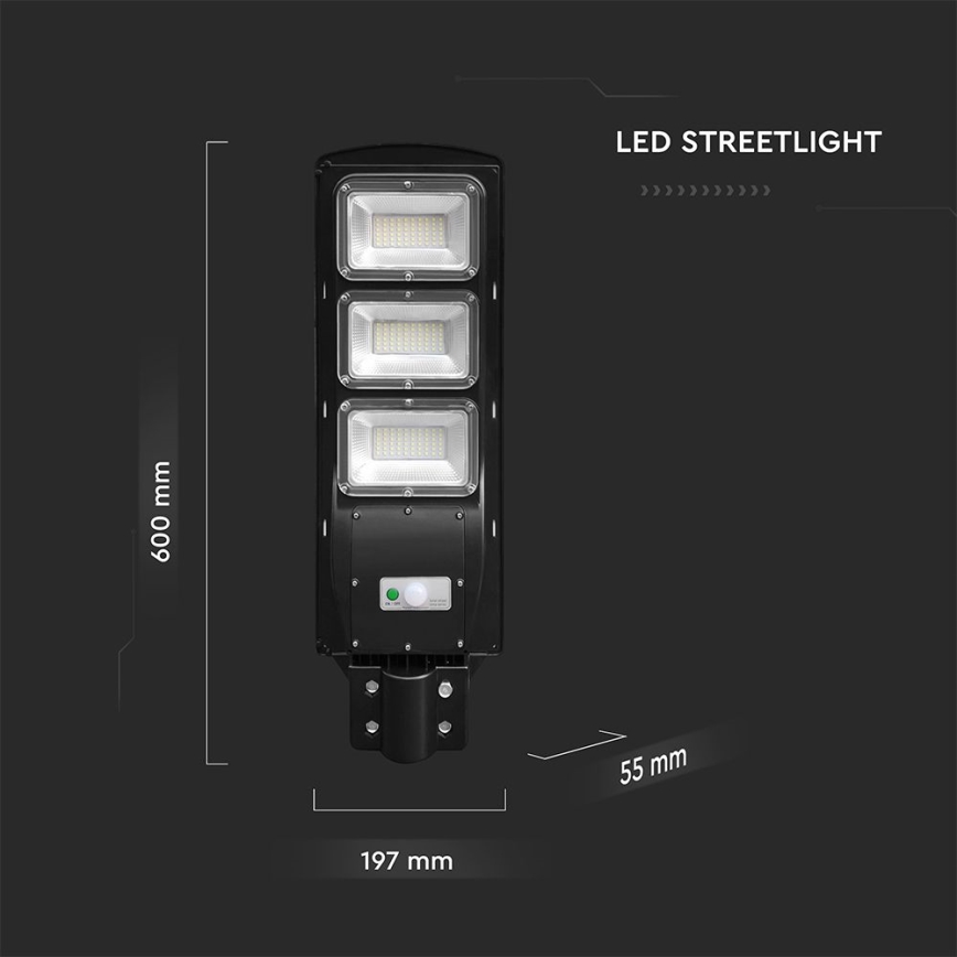 Soldrevet LED gadelampe m. bevægelses- og skumringssensor dæmpbar LED/12W/3,2V 6000K IP65 10000 mAh sort + fjernbetjening
