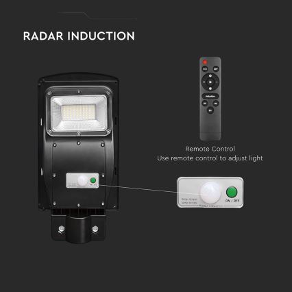 Soldrevet LED gadelampe m. bevægelses- og skumringssensor dæmpbar LED/6W/3,2V 6000K IP65 5000 mAh sort + fjernbetjening