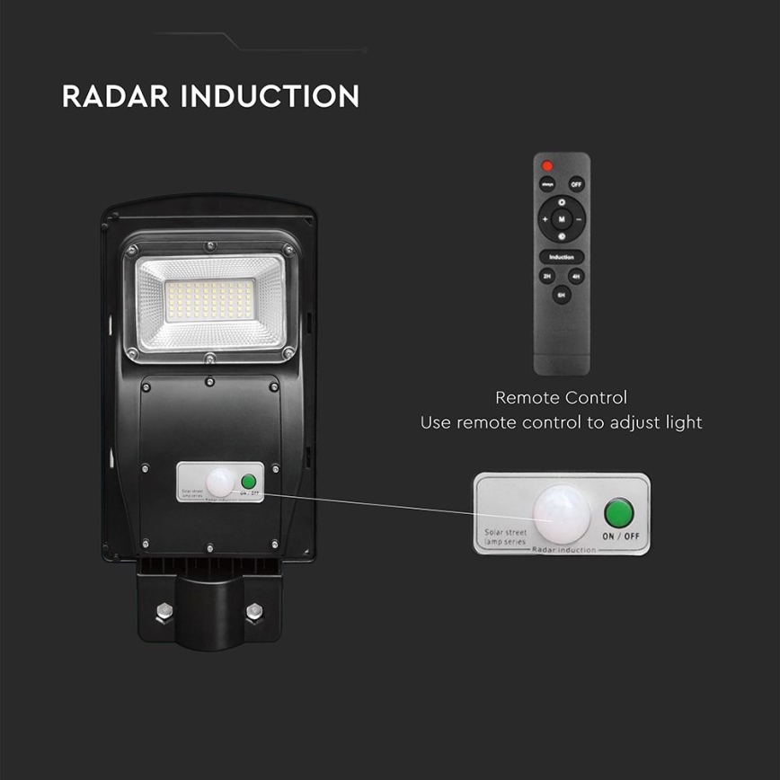 Soldrevet LED gadelampe m. bevægelses- og skumringssensor dæmpbar LED/6W/3,2V 6000K IP65 5000 mAh sort + fjernbetjening