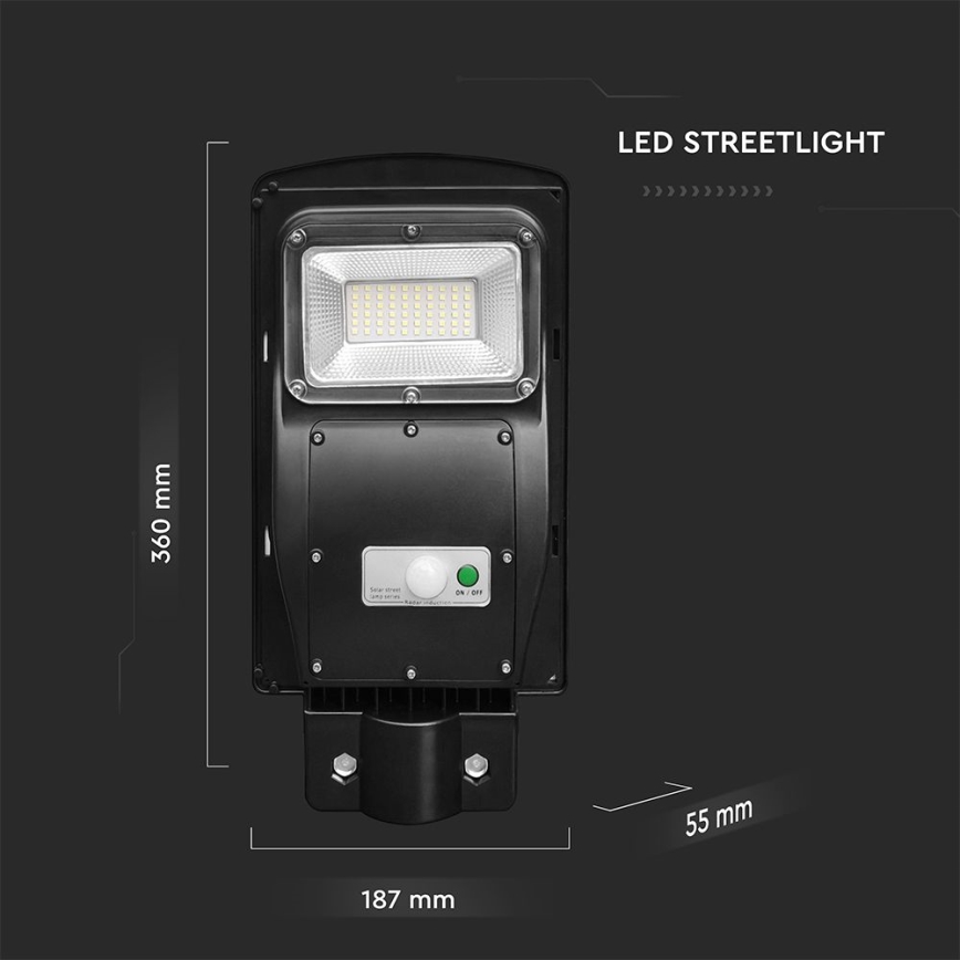Soldrevet LED gadelampe m. bevægelses- og skumringssensor dæmpbar LED/6W/3,2V 6000K IP65 5000 mAh sort + fjernbetjening