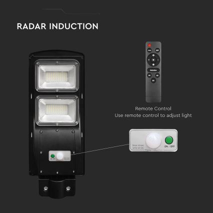 Soldrevet LED gadelampe m. bevægelses- og skumringssensor dæmpbar LED/8W/3,2V 6000K IP65 9000 mAh sort + fjernbetjening