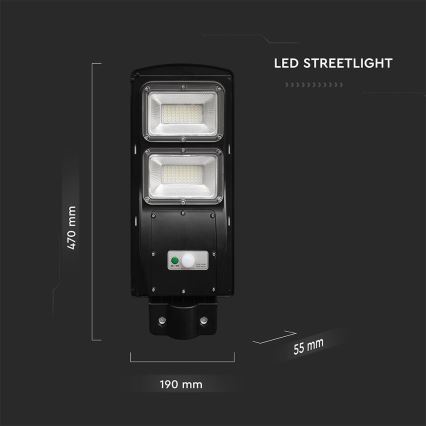 Soldrevet LED gadelampe m. bevægelses- og skumringssensor dæmpbar LED/8W/3,2V 6000K IP65 9000 mAh sort + fjernbetjening