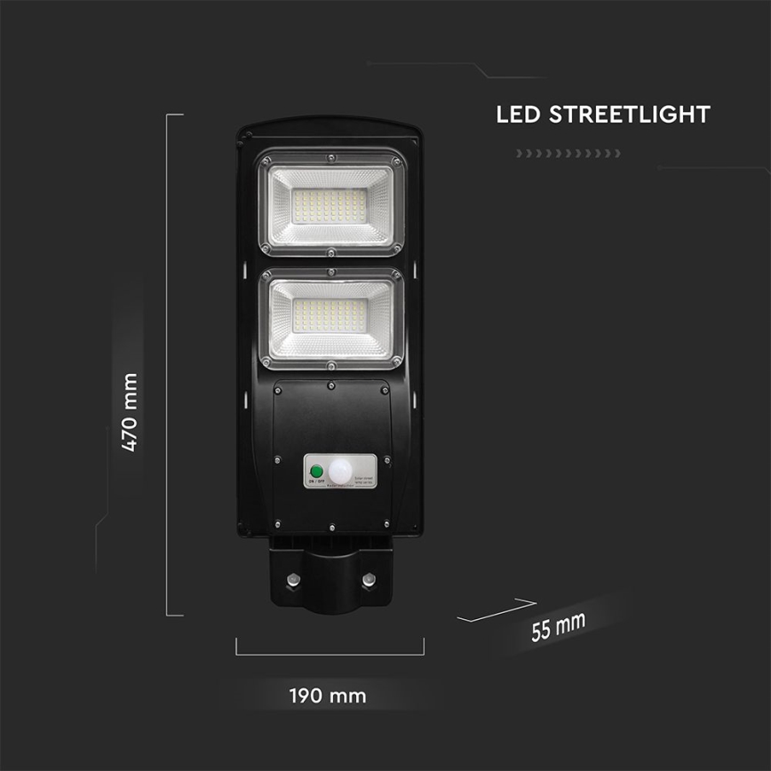 Soldrevet LED gadelampe m. bevægelses- og skumringssensor dæmpbar LED/8W/3,2V 6000K IP65 9000 mAh sort + fjernbetjening