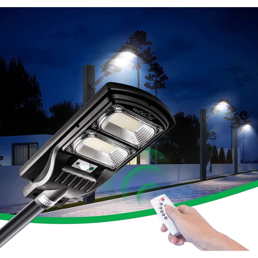 LED Soldrevet gadelampe m. sensor dæmpbar LED/120W/6V 6500K IP65 sort + fjernbetjening