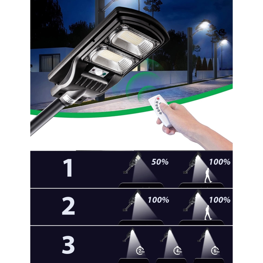 LED Soldrevet gadelampe m. sensor dæmpbar LED/120W/6V 6500K IP65 sort + fjernbetjening