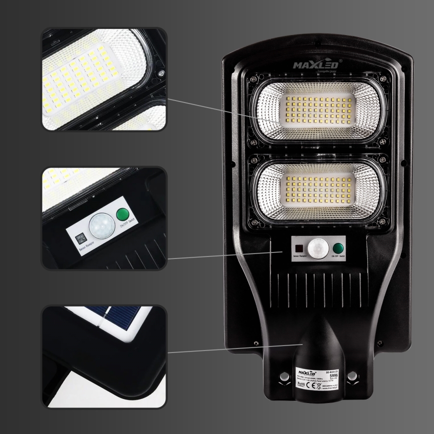 LED Soldrevet gadelampe m. sensor dæmpbar LED/120W/6V 6500K IP65 sort + fjernbetjening
