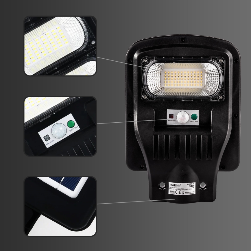 LED Soldrevet gadelampe m. sensor dæmpbar LED/150W/6V 6500K IP65 sort + fjernbetjening