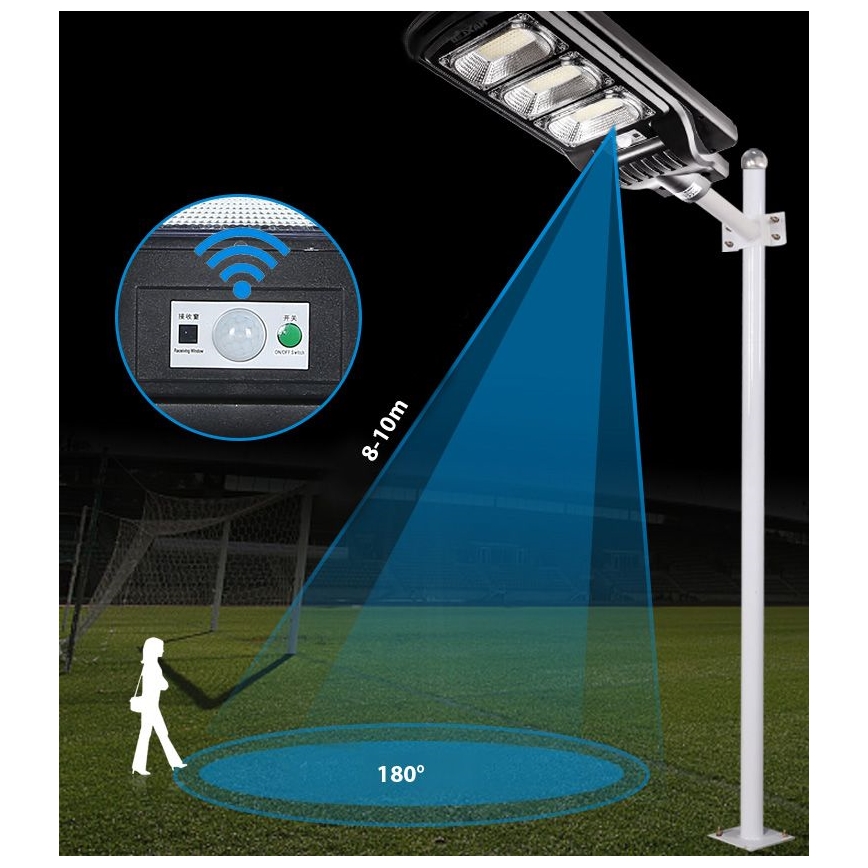 LED Soldrevet gadelampe m. sensor dæmpbar LED/180W/6V 6500K IP65 sort + fjernbetjening