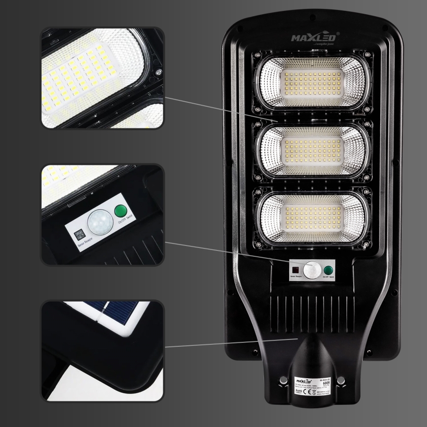 LED Soldrevet gadelampe m. sensor dæmpbar LED/180W/6V 6500K IP65 sort + fjernbetjening