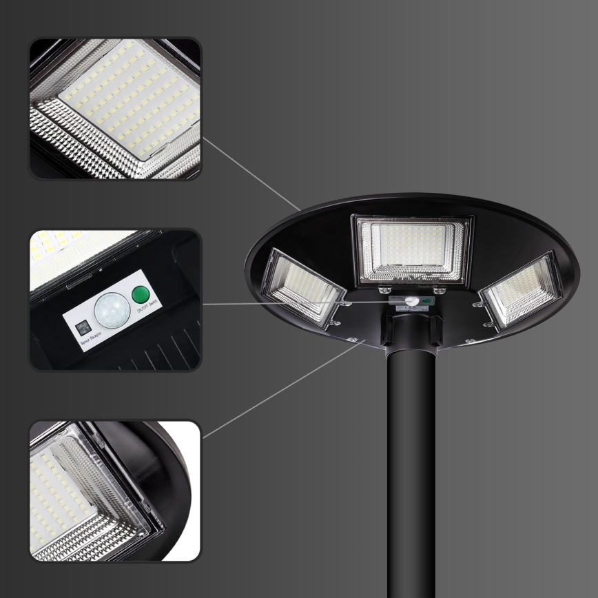 Soldrevet LED gadelampe m. sensor dæmpbar LED/22W/6V 18000 mAh 6500K IP65 sort + fjernbetjening