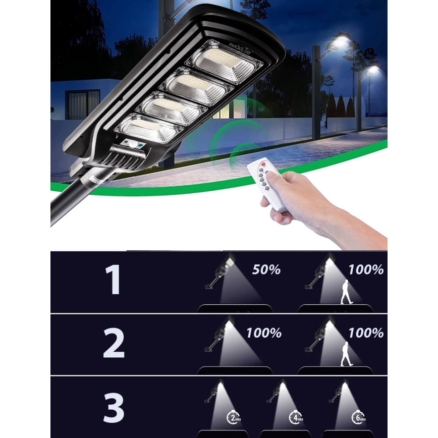 Soldrevet LED gadelampe m. sensor dæmpbar LED/240W/6V 11000 mAh 6500K IP65 sort + fjernbetjening