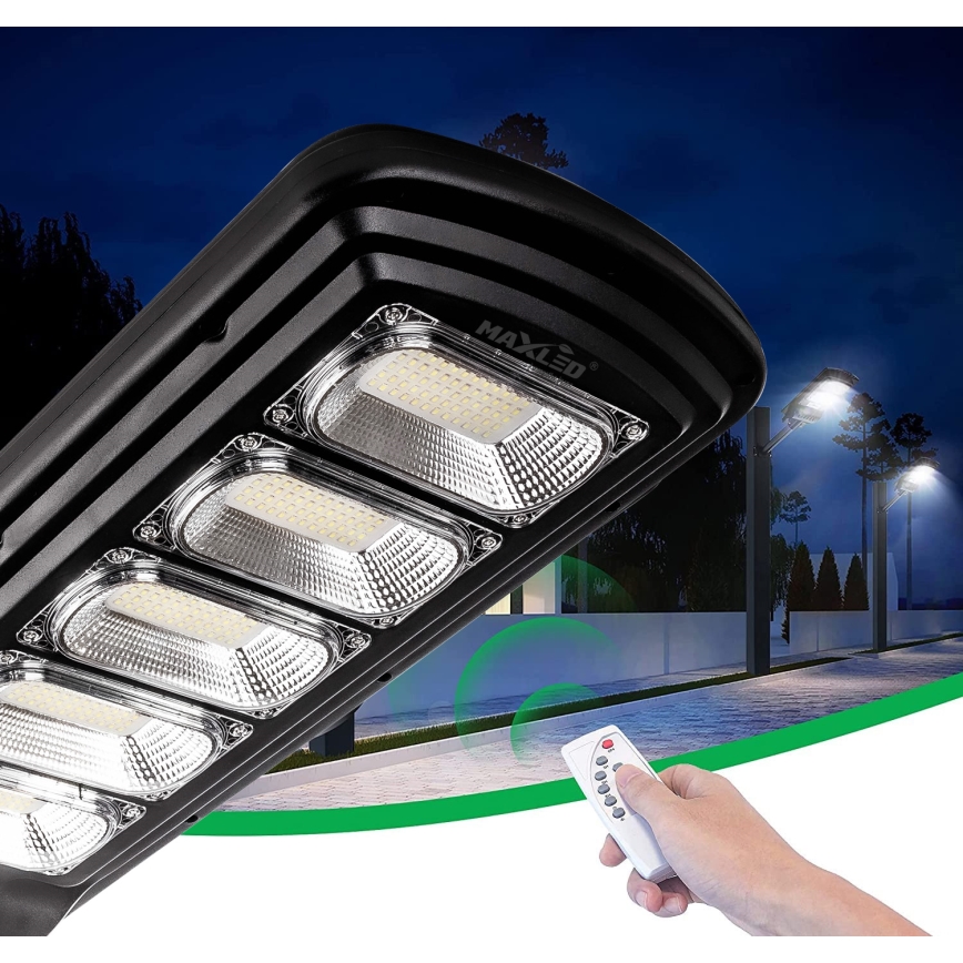 LED Soldrevet gadelampe m. sensor dæmpbar LED/300W/6V 6500K IP65 sort + fjernbetjening