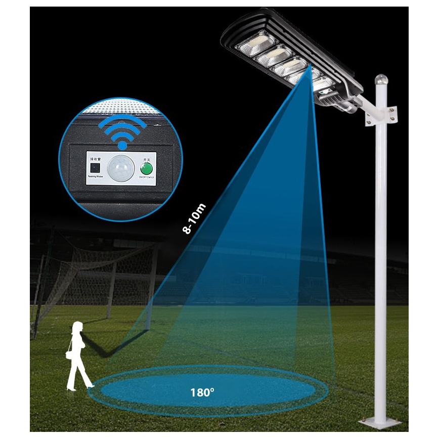 LED Soldrevet gadelampe m. sensor dæmpbar LED/300W/6V 6500K IP65 sort + fjernbetjening