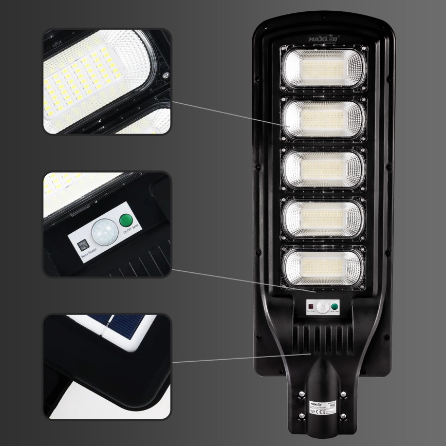 LED Soldrevet gadelampe m. sensor dæmpbar LED/300W/6V 6500K IP65 sort + fjernbetjening