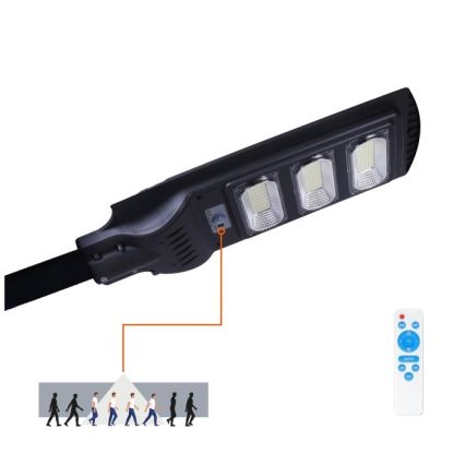 Soldrevet LED gadelampe m. bevægelses- og skumringssesnor dæmpbar URBI LED/8W/3,2V 6500K IP54 10000 mAh + fjernbetjening