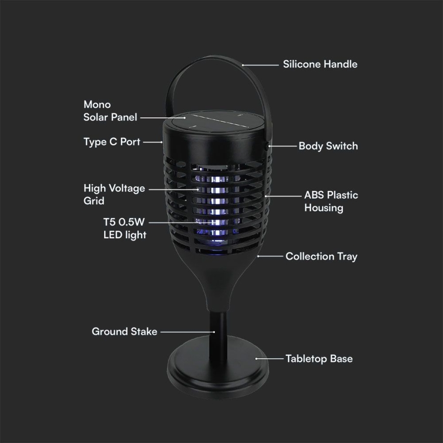 Soldrevet LED insektzapper 3-i-1 LED/1,3W/3,7V IP24 20 mm 2200 mAh