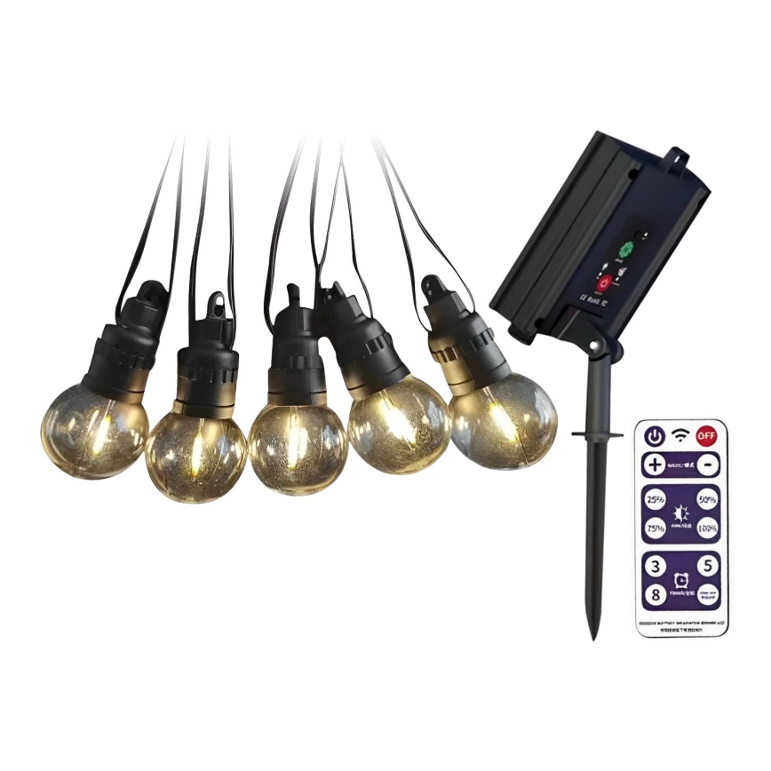 Soldrevet LED lyskæde 10xLED/0,5/4,5V 12 m 3000K IP44 1200 mAh + fjernbetjening