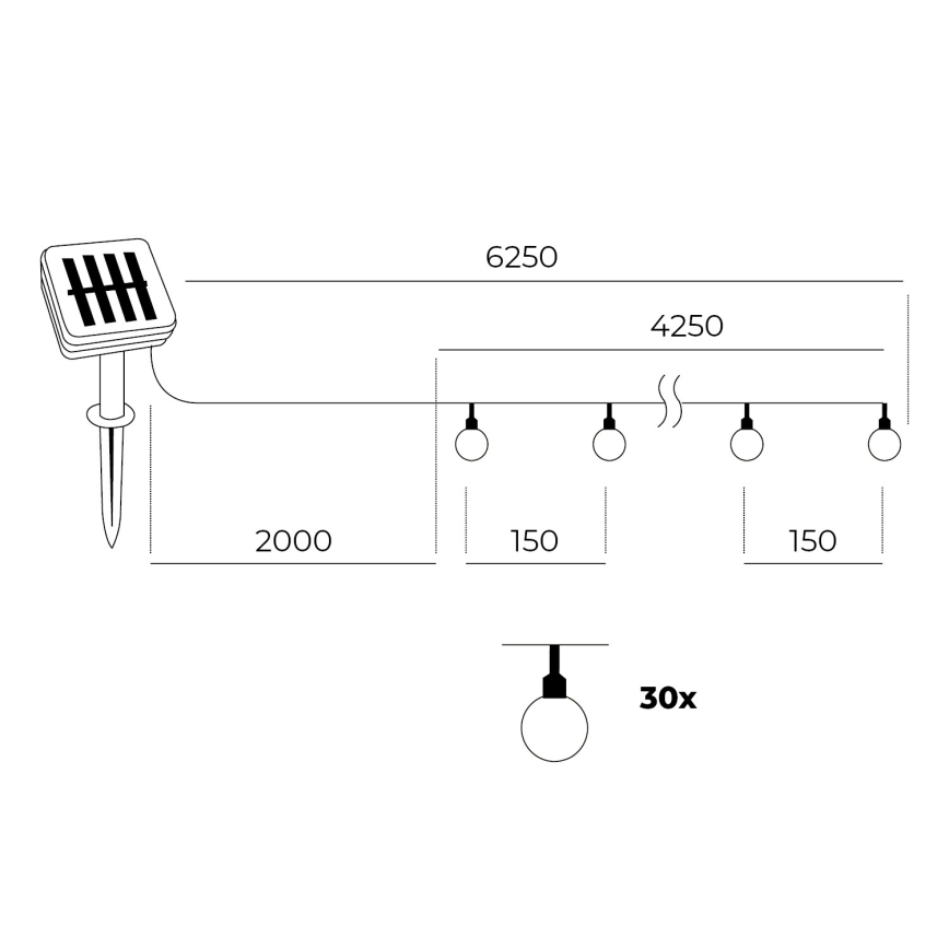 Soldrevet LED lyskæde 30xLED/0,12W/1,2V 1xAA 3000K IP44 400 mAh