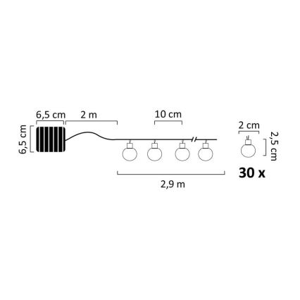 Soldrevet LED lyskæde 30xLED/8 funktioner 300 mAh 4,9 m IP44 varm hvid