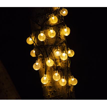 Soldrevet LED lyskæde BUBBLE GLASS 20xLED/8 funktioner 4,85 m 600 mAh IP44 varm hvid