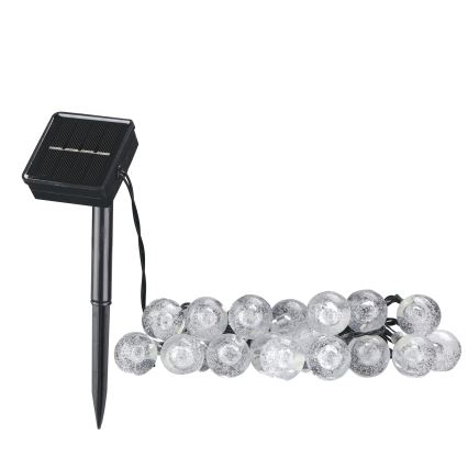 Soldrevet LED lyskæde BUBBLE GLASS 20xLED/8 funktioner 4,85 m 600 mAh IP44 varm hvid