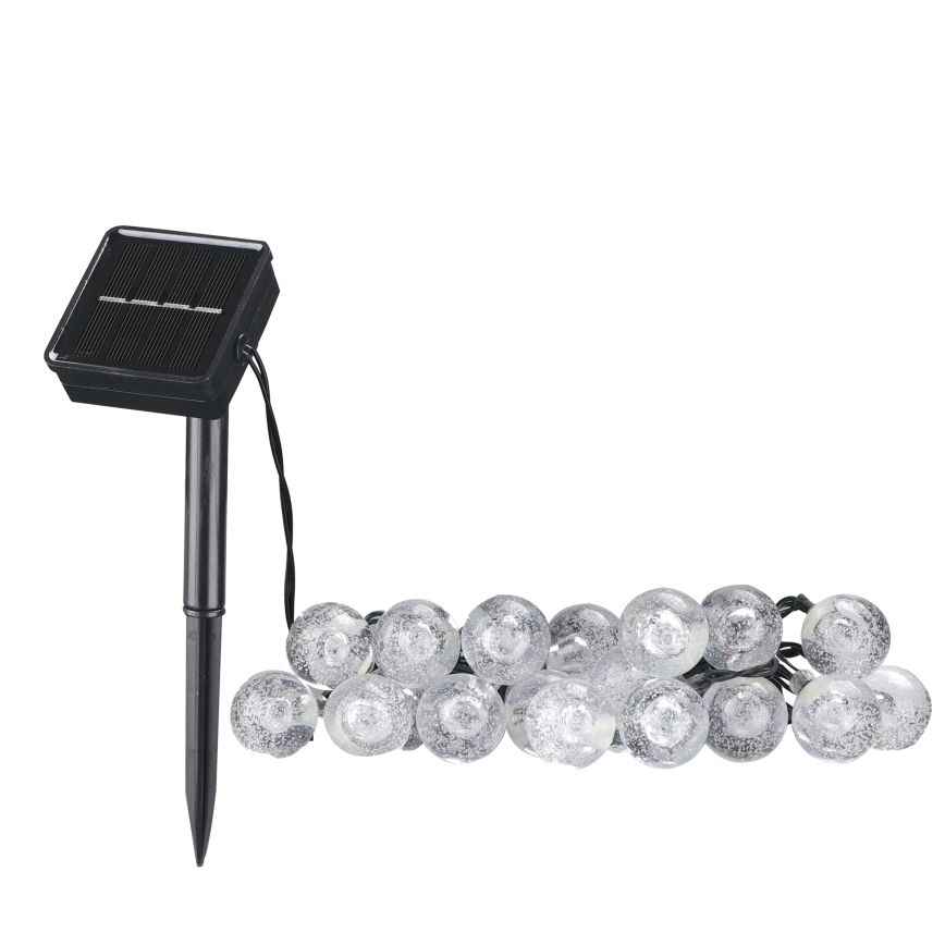 Soldrevet LED lyskæde BUBBLE GLASS 20xLED/8 funktioner 4,85 m 600 mAh IP44 varm hvid