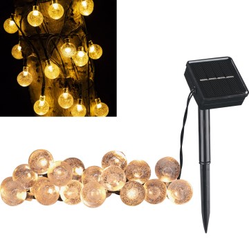 Soldrevet LED lyskæde BUBBLE GLASS 20xLED/8 funktioner 4,85 m 600 mAh IP44 varm hvid