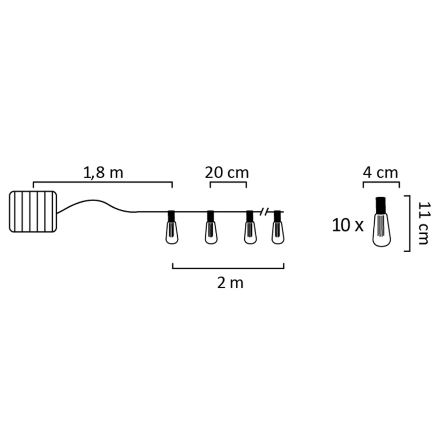 Soldrevet LED lyskæde EDISON 10xLED/1,2V 300 mAh 3,8 m IP44